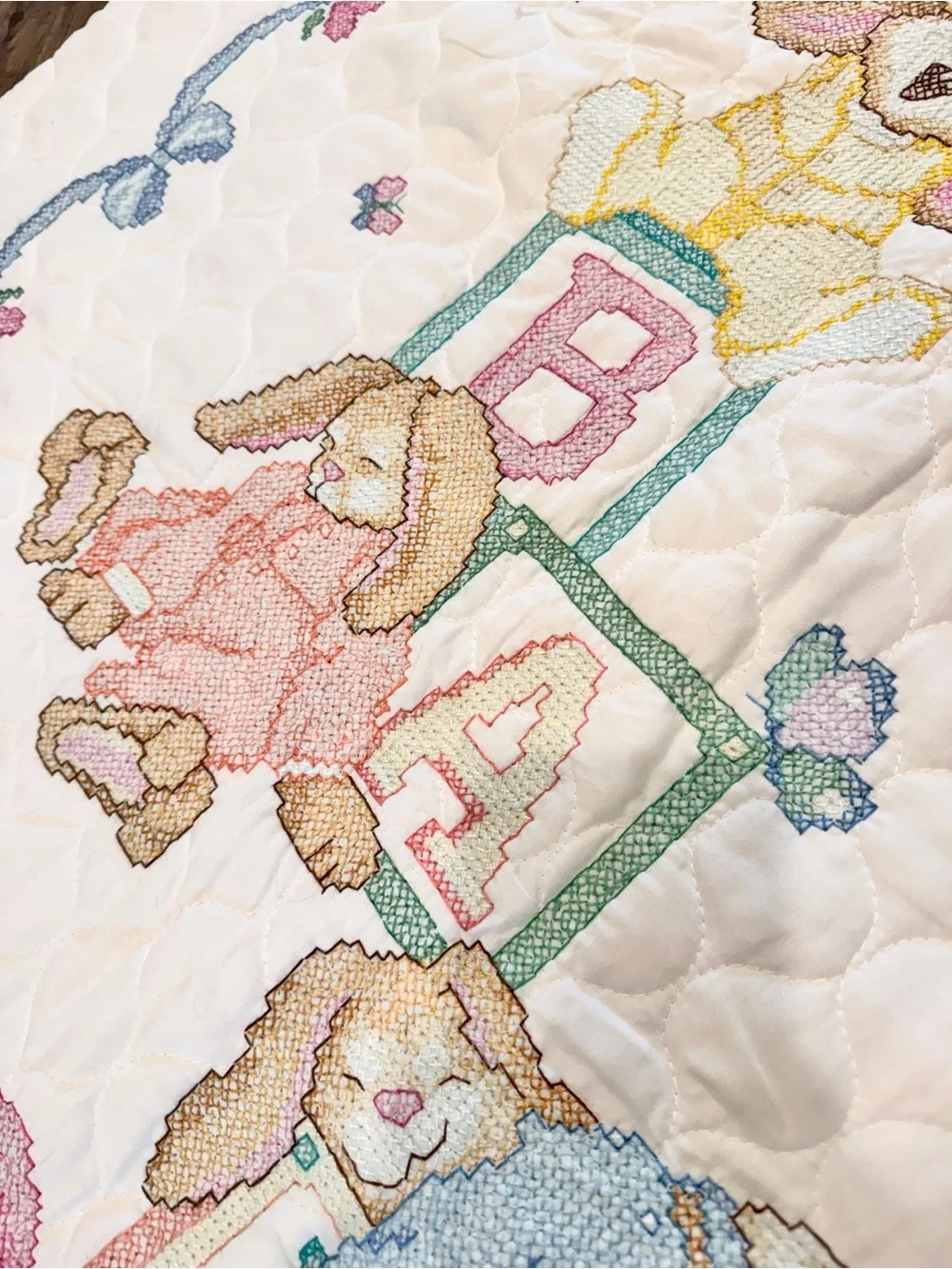 Cottagecore Handmade Baby Quilt Blanket Bunny Cross Stitch Nursery Pastel D67